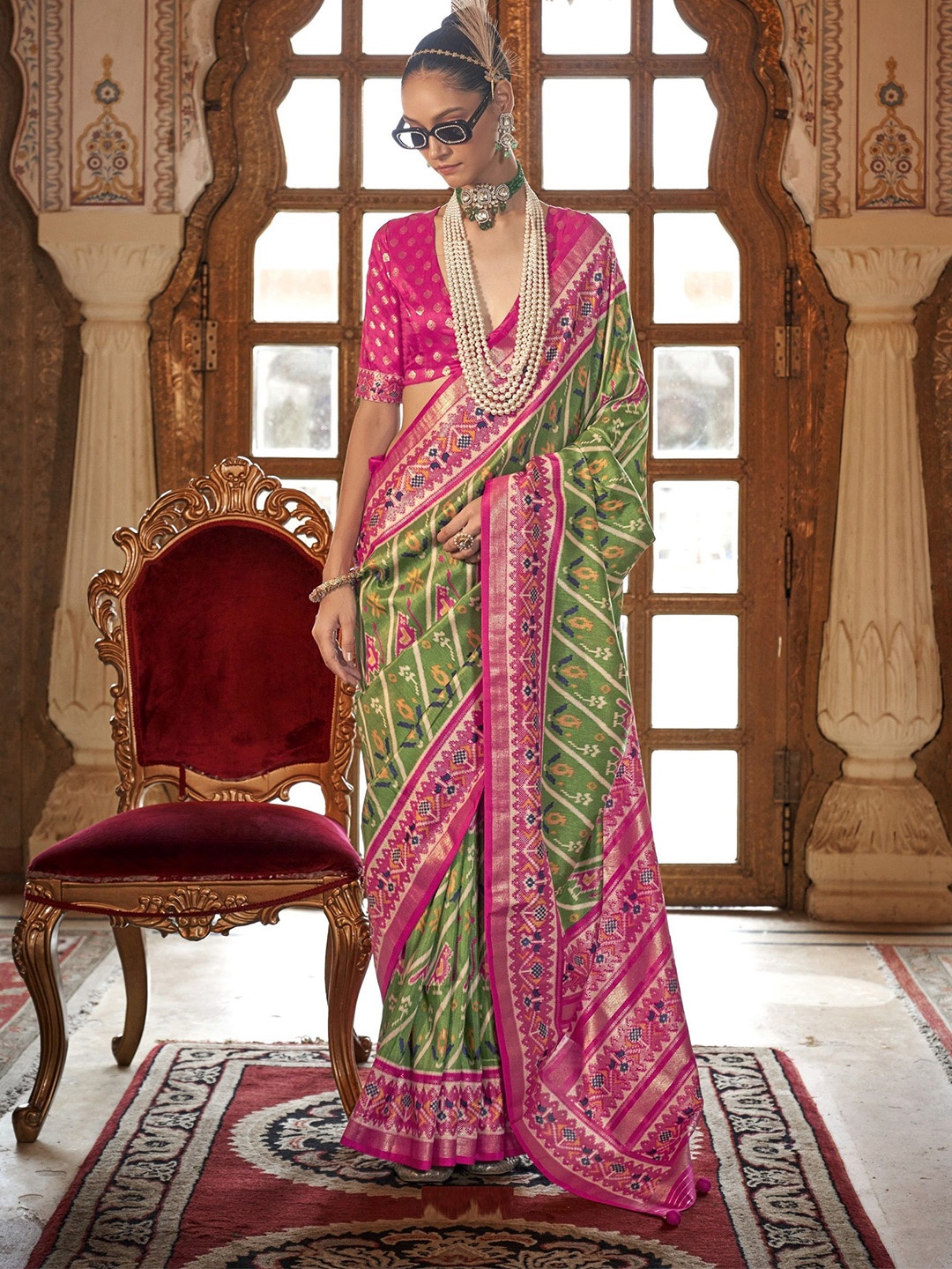 

MAHALASA Ethnic Motifs Woven Design Zari Pure Silk Patola Saree, Green