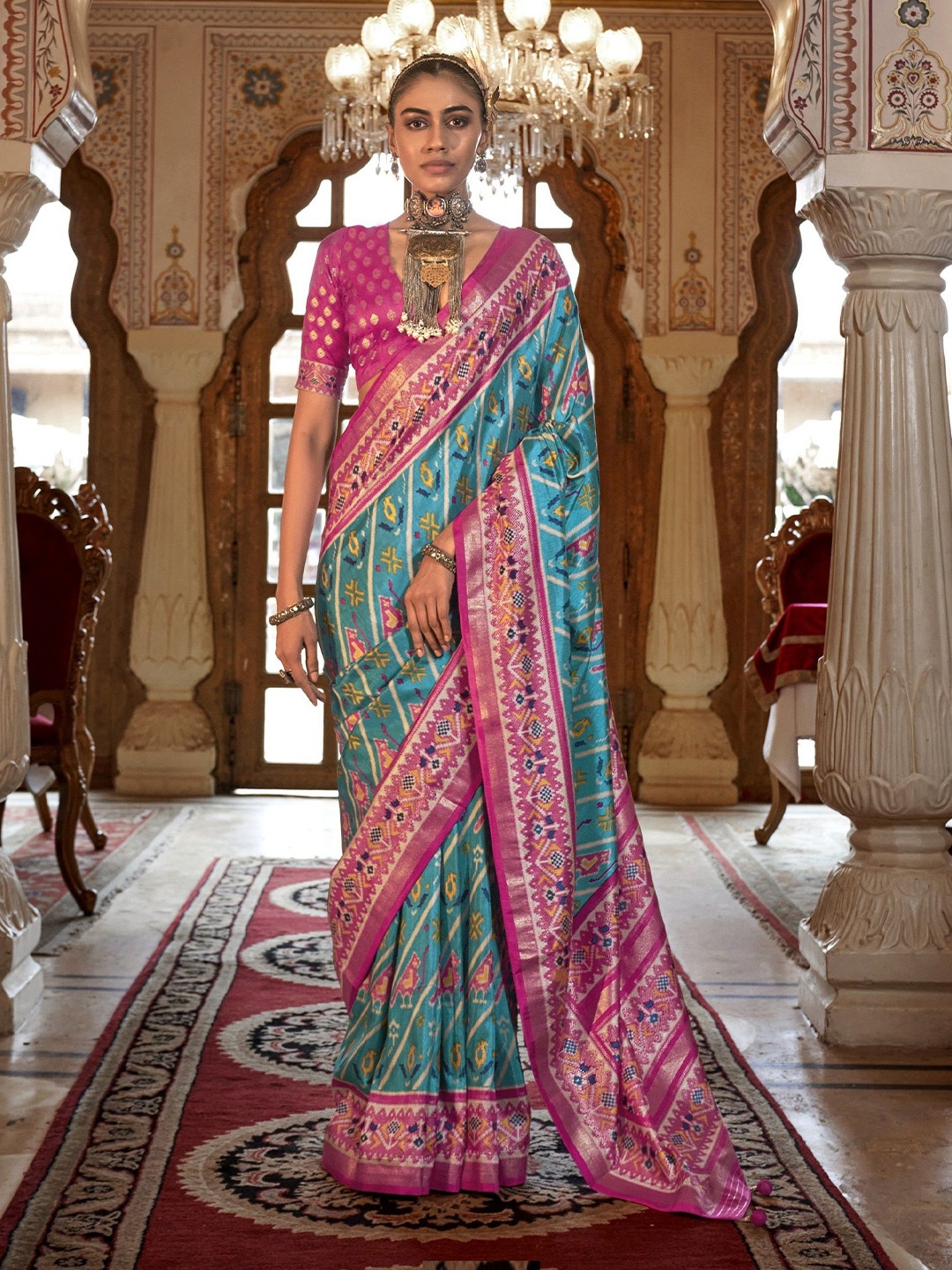 

MAHALASA Ethnic Motifs Zari Pure Silk Patola Saree, Turquoise blue