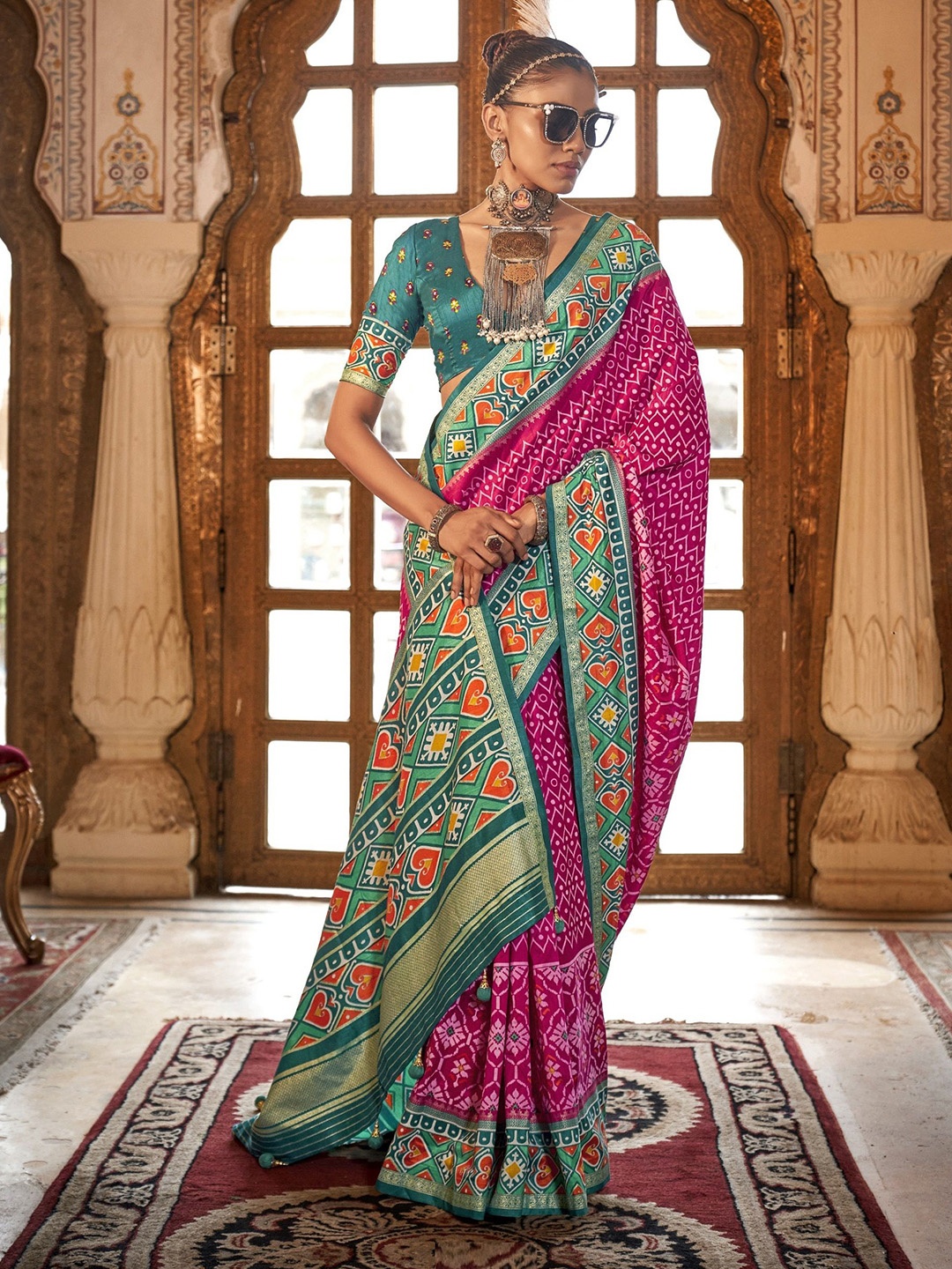 

MAHALASA Ethnic Motifs Zari Pure Silk Patola Saree, Pink