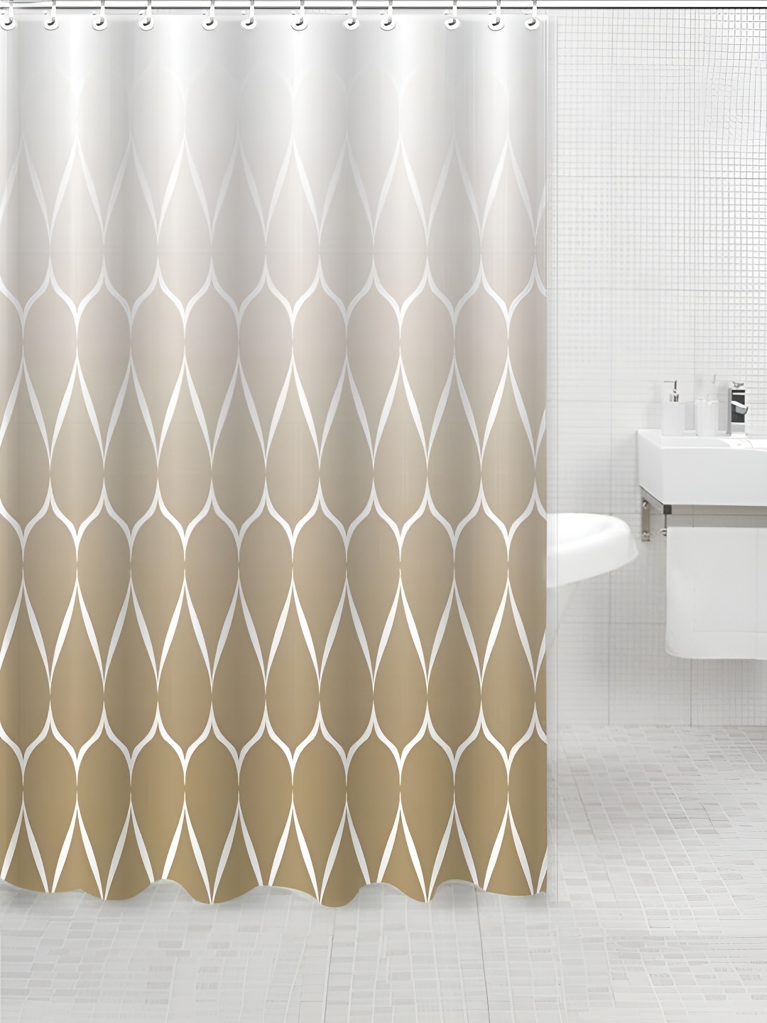 

HomeCloud White & Gold-Toned Geometric Printed Waterproof Shower Curtain