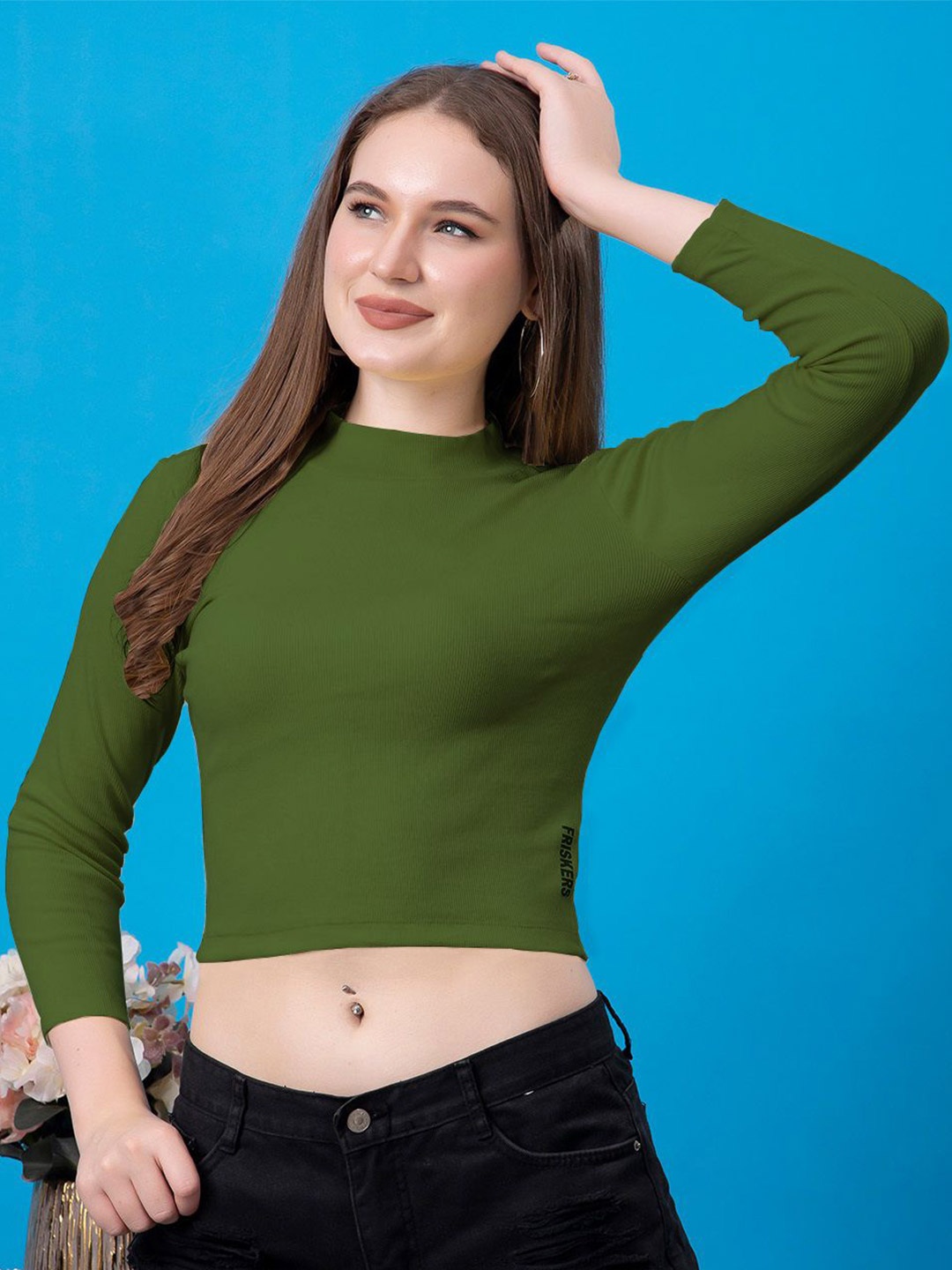 

Friskers Women Cotton Crop Top, Olive