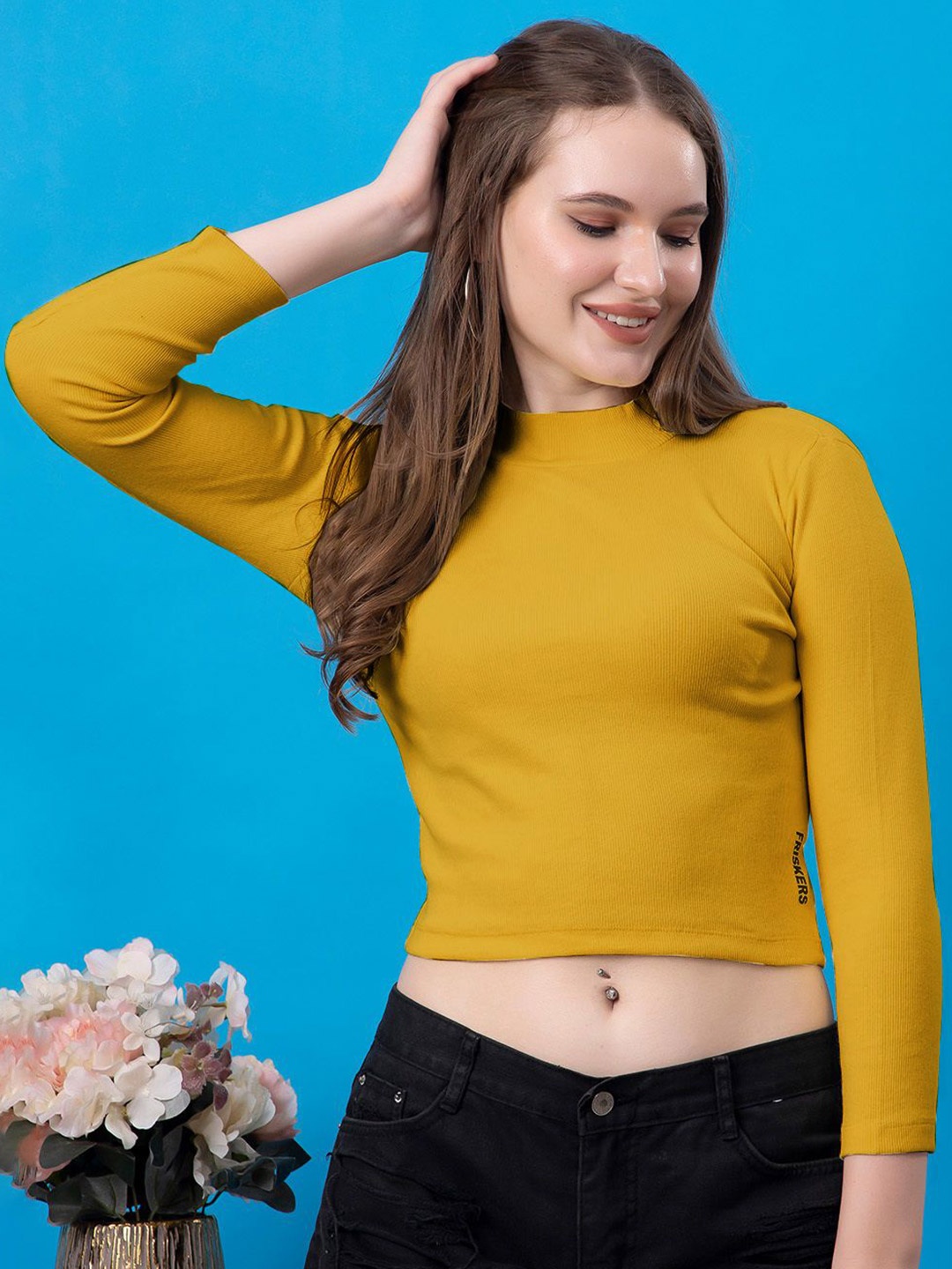 

Friskers Women Extended Sleeves Cotton Crop Top, Gold