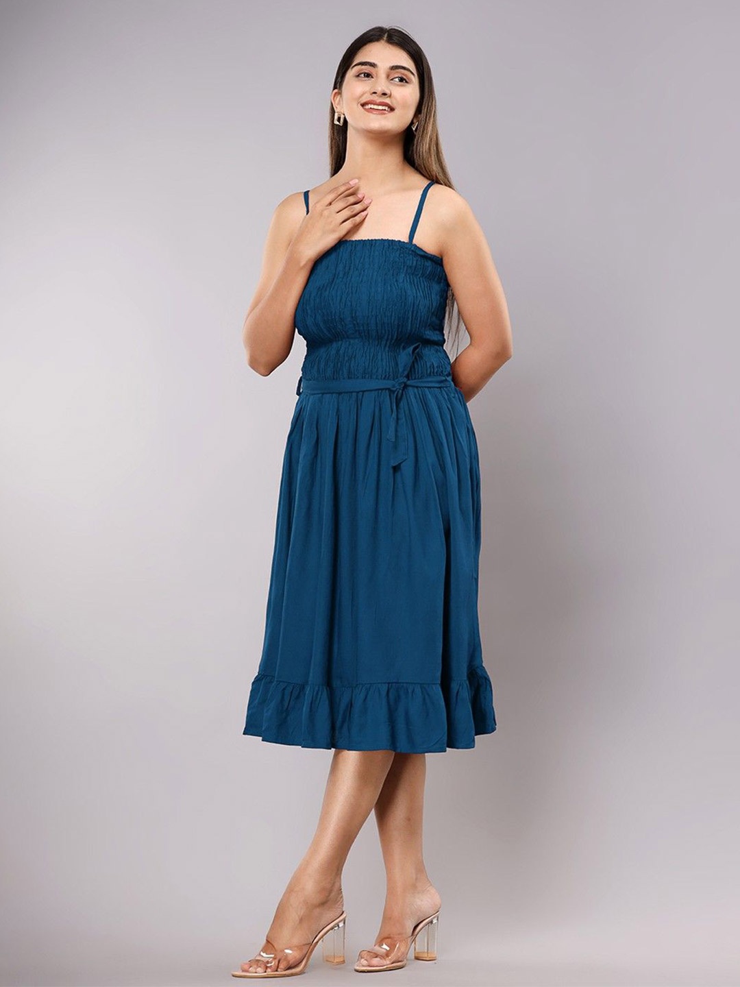 

Handish Women Shoulder Straps Smocked Midi Dress, Blue