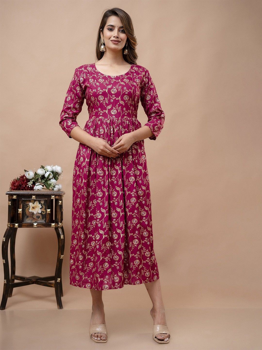 

Handish Women Floral Printed Maternity Fit & Flare Midi Dress, Pink
