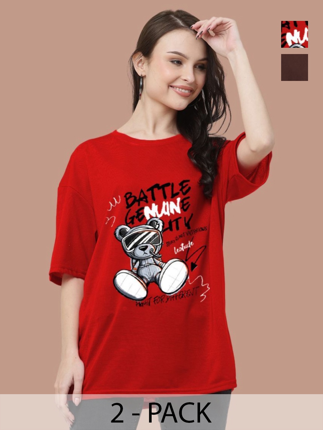 

Leotude Women Pack Of 2 Typography Printed Round Neck Cotton Oversized T-shirts, Red