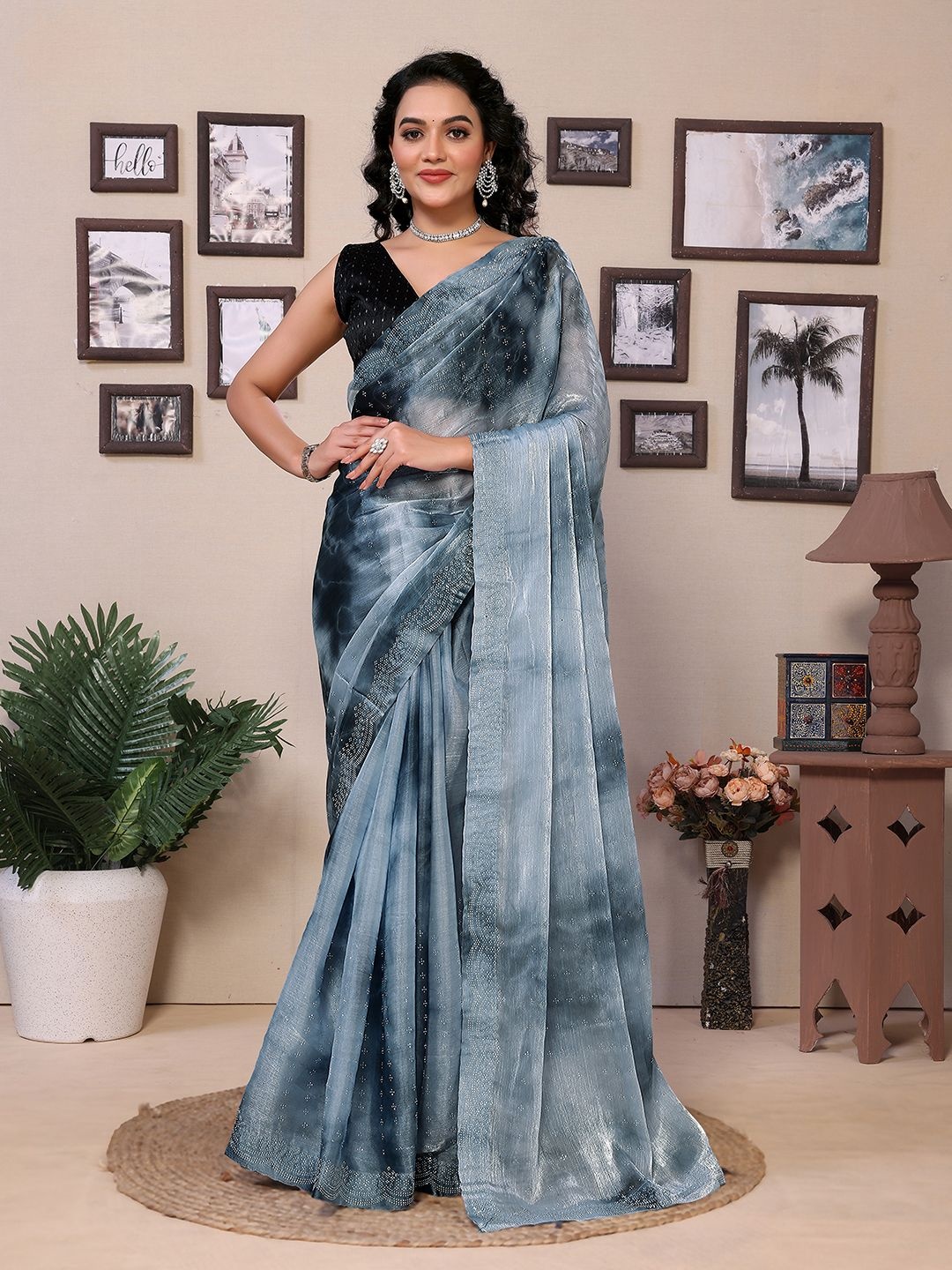 

Mitera Dyed Embellished Beads and Stones Saree, Grey