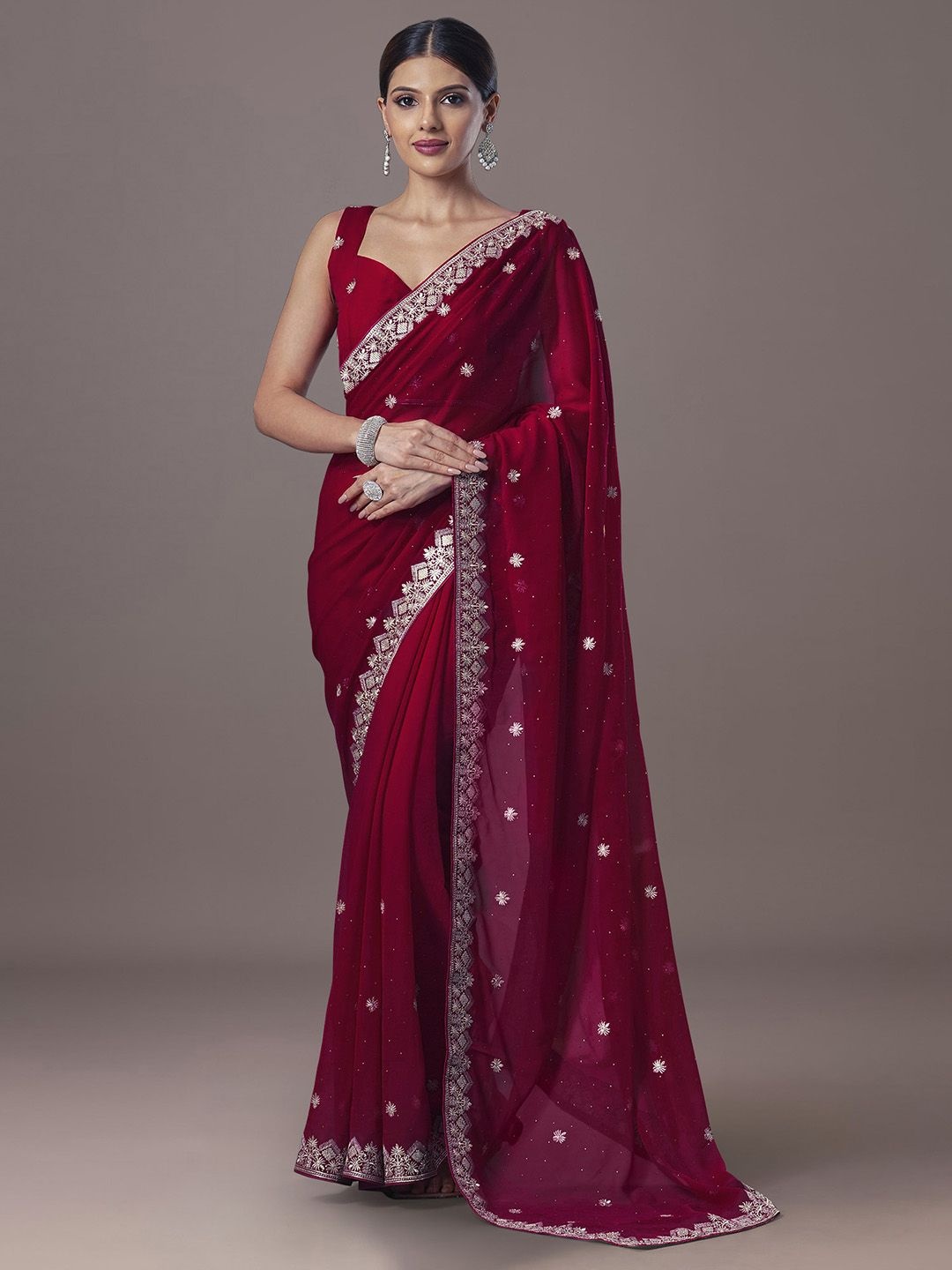 

House of Pataudi Embroidered Beads and Stones Saree With Blouse Piece, Red