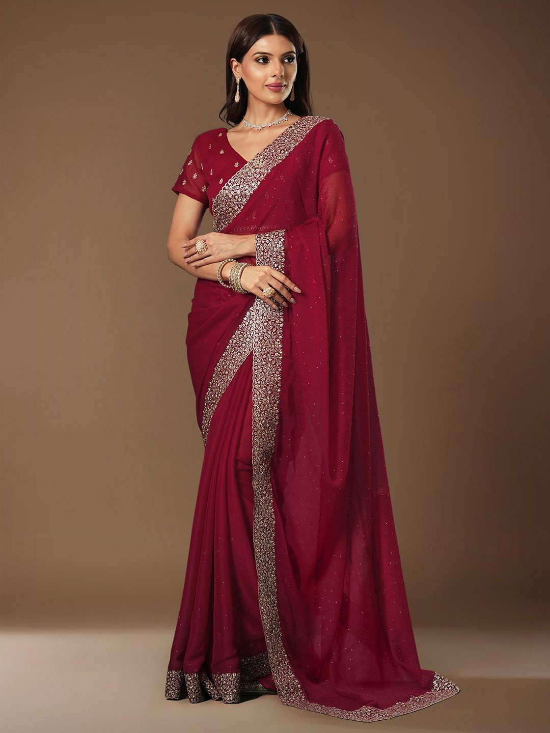 

House of Pataudi Embroidered Saree With Blouse Piece, Red
