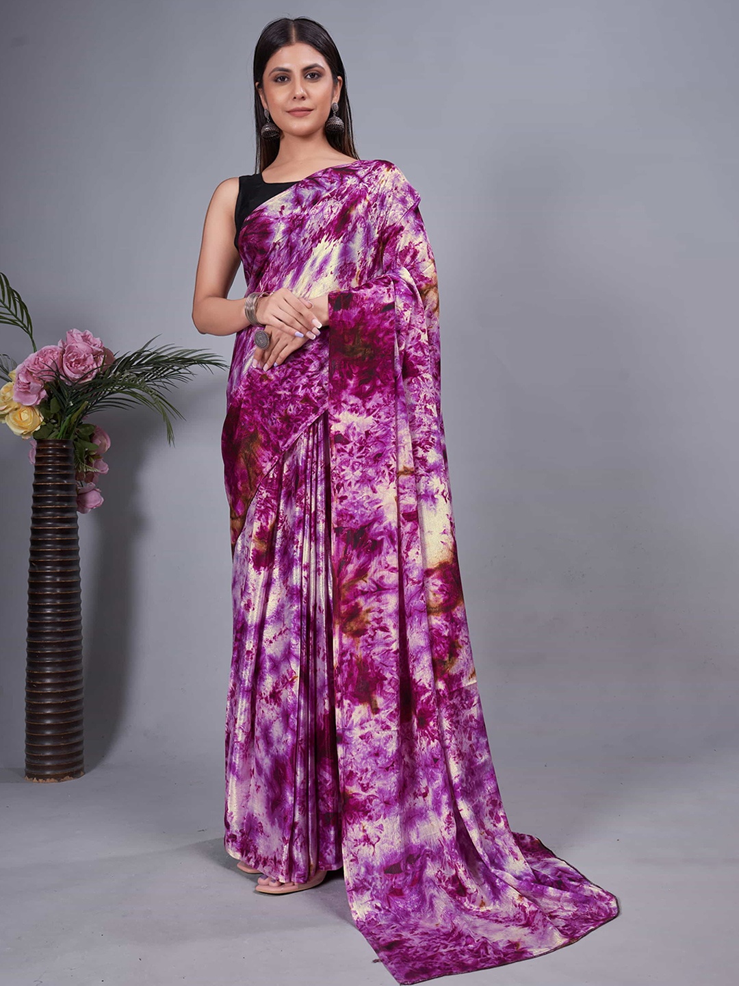 

Mitera Tie and Dye Pure Chiffon Ready to Wear Saree, Purple