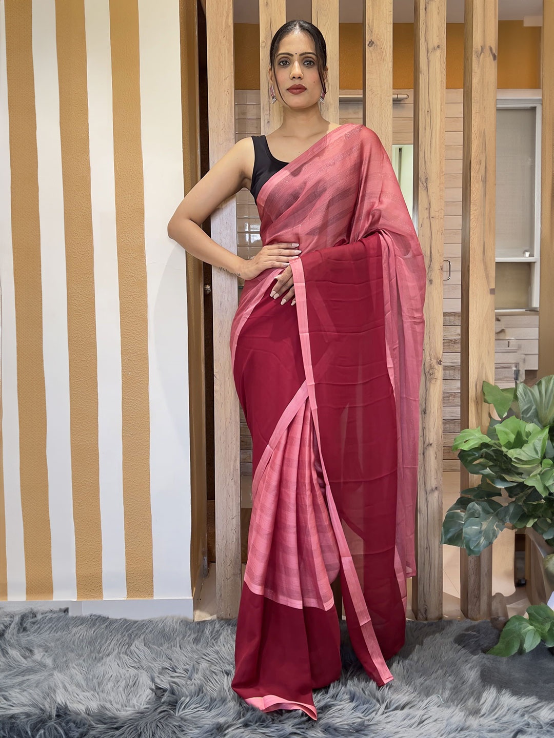 

Mitera Striped Pure Chiffon Ready to Wear Saree, Pink