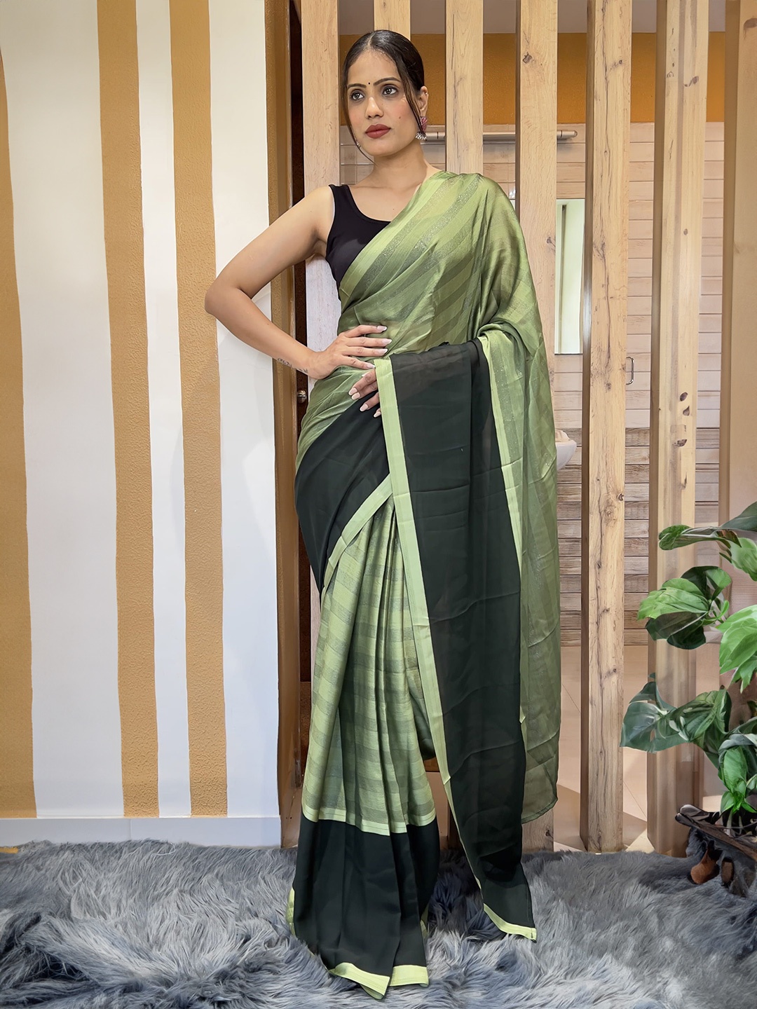 

Mitera Striped Ready to Wear Saree, Green