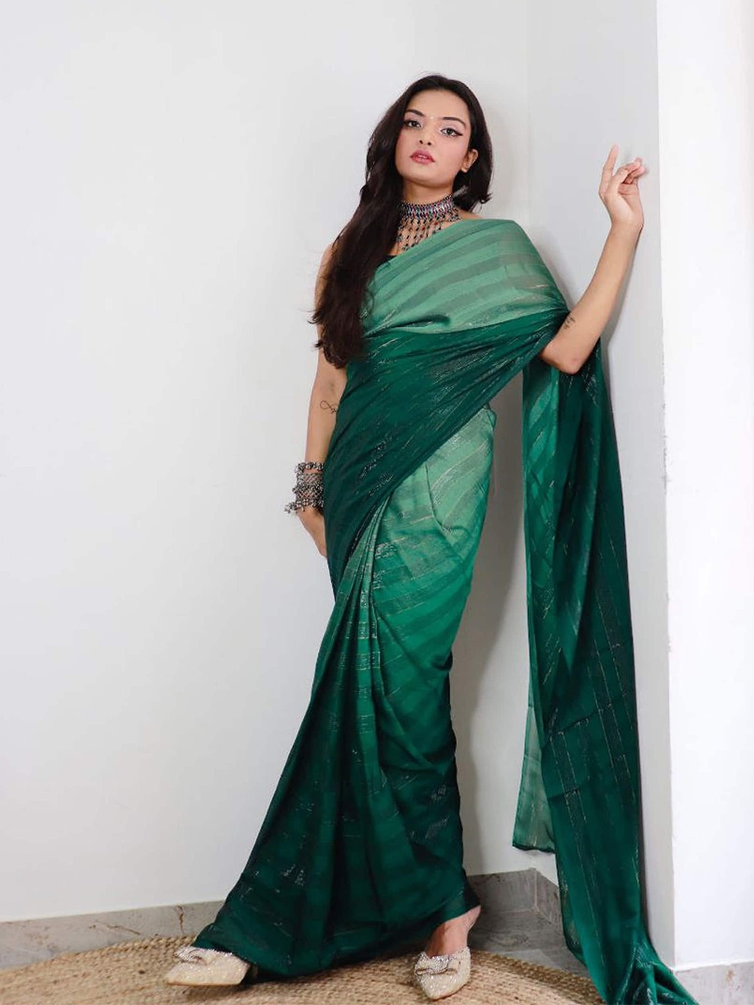 

Mitera Striped Zari Pure Chiffon Ready to Wear Leheriya Saree, Green