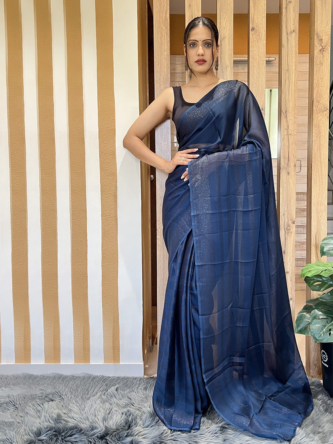 

Mitera Striped Pure Chiffon Ready to Wear Saree, Blue
