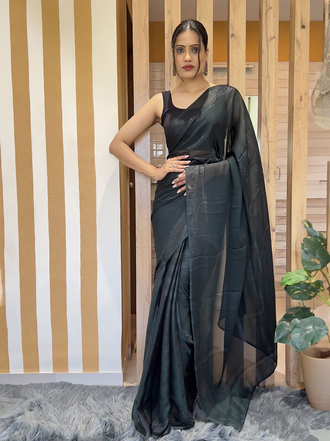 

Mitera Striped Pure Chiffon Ready to Wear Saree, Black