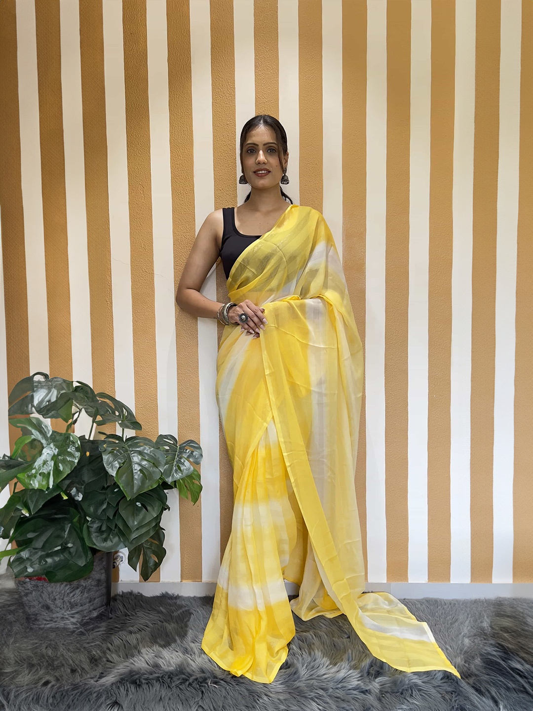 

Mitera Striped Pure Chiffon Ready to Wear Saree, Yellow