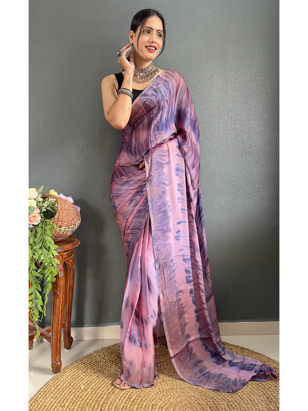 

Mitera Tie and Dye Pure Chiffon Ready to Wear Saree, Purple