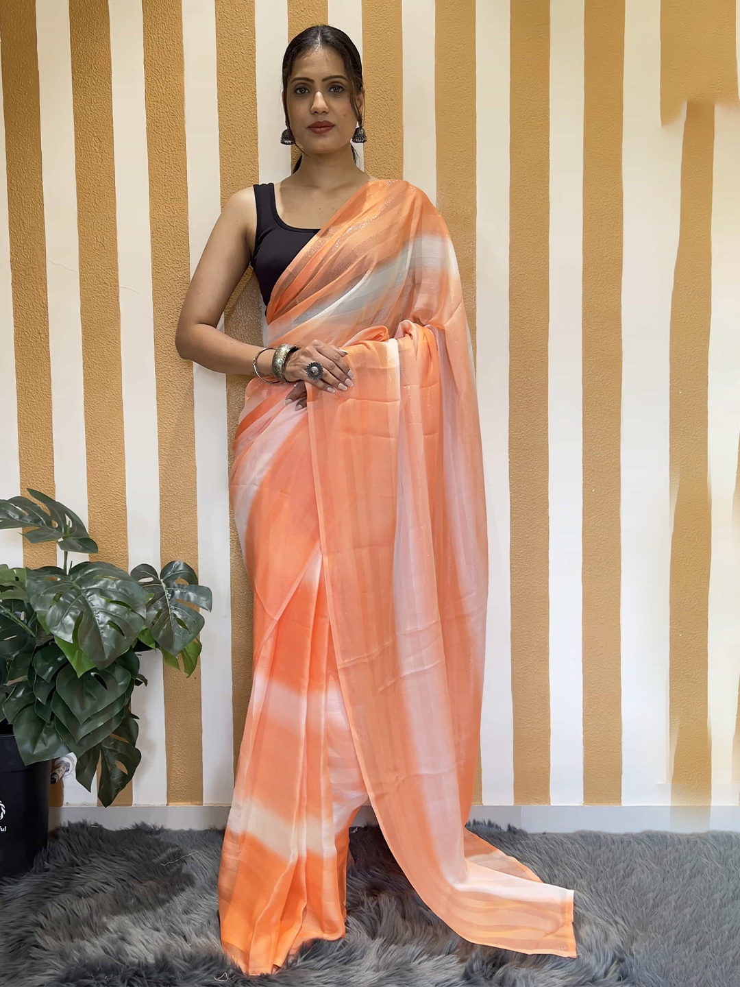 

Mitera Striped Pure Chiffon Ready to Wear Saree, Orange