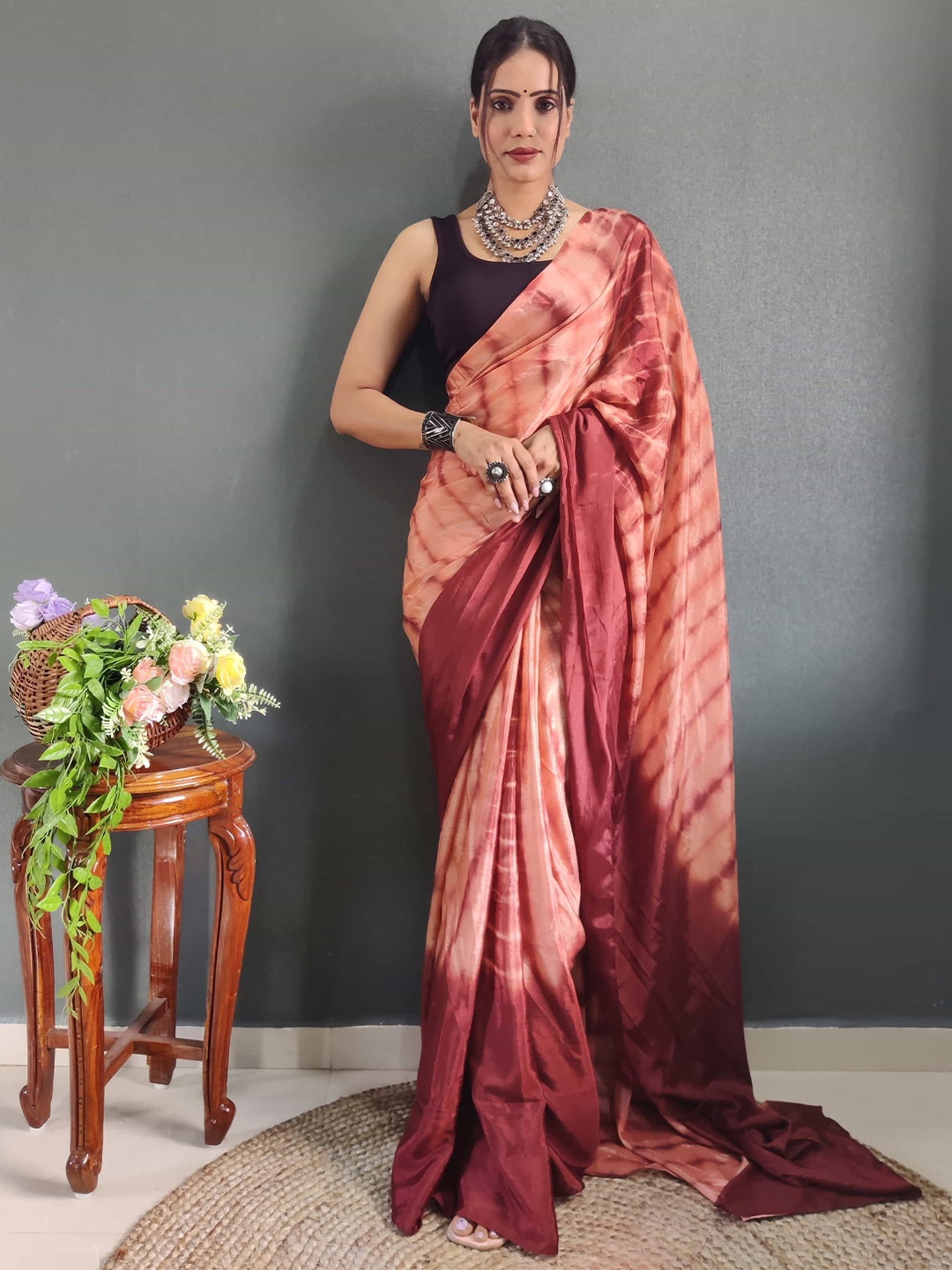 

Mitera Tie and Dye Dyed Satin Ready to Wear Saree, Peach