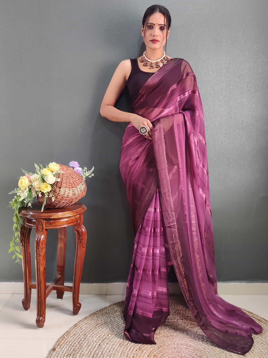 

Mitera Striped Zari Pure Chiffon Ready to Wear Saree, Pink
