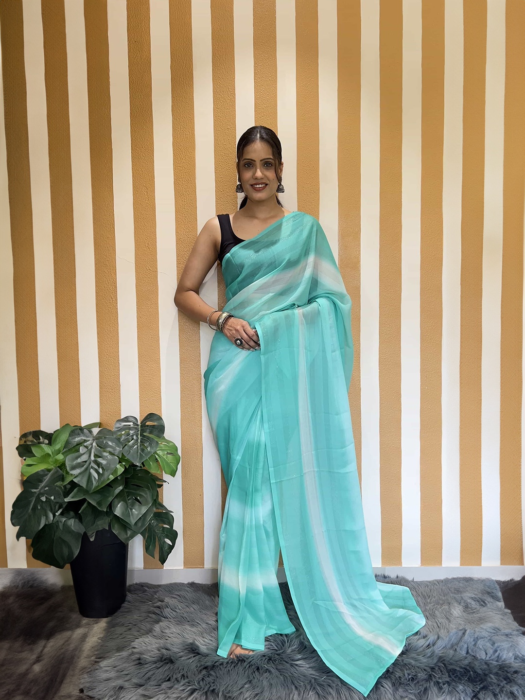 

Mitera Striped Pure Chiffon Ready to Wear Saree, Blue