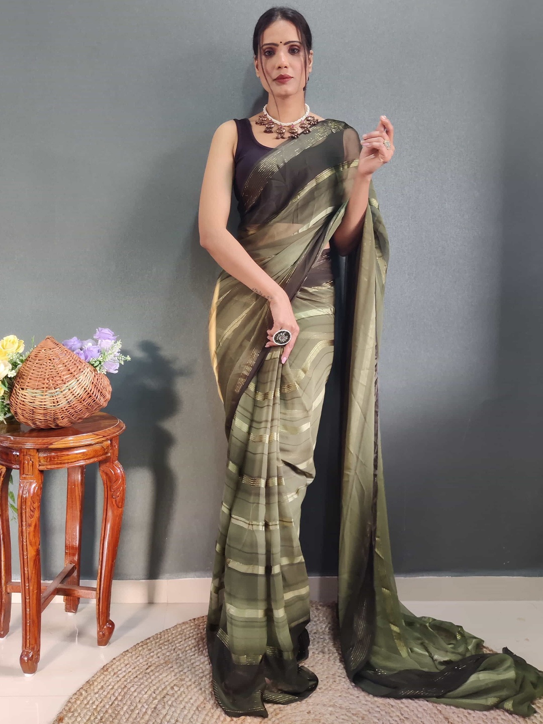 

Mitera Striped Zari Pure Chiffon Ready to Wear Saree, Green