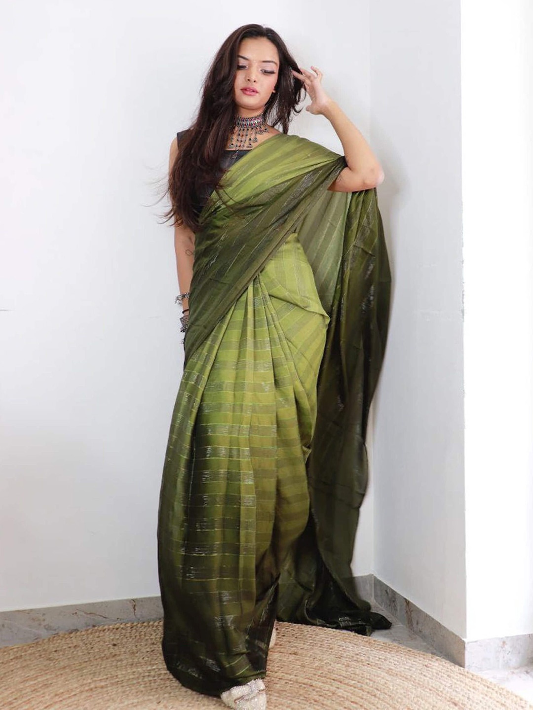 

Mitera Striped Zari Pure Chiffon Ready to Wear Saree, Green