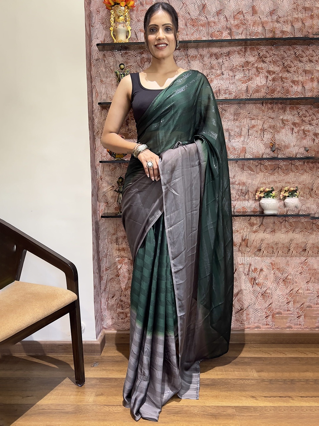 

Mitera Ombre Zari Pure Chiffon Ready to Wear Saree, Green