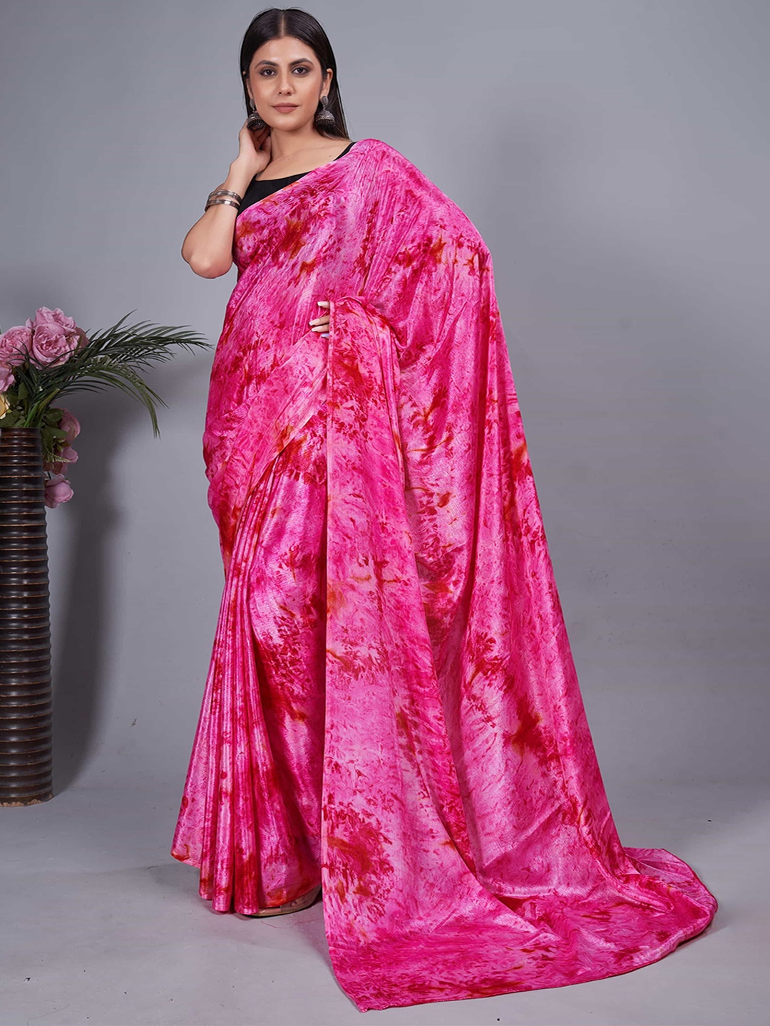 

Mitera Tie and Dye Dyed Pure Chiffon Ready to Wear Saree, Pink