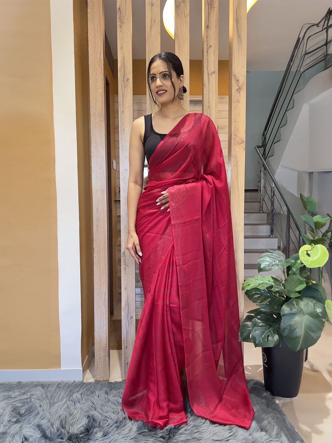 

Mitera Pure Chiffon Ready to Wear Saree, Red