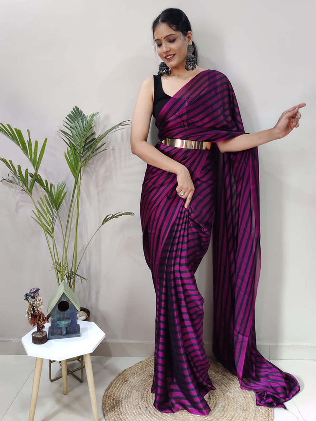 

Mitera Striped Satin Ready to Wear Saree, Purple
