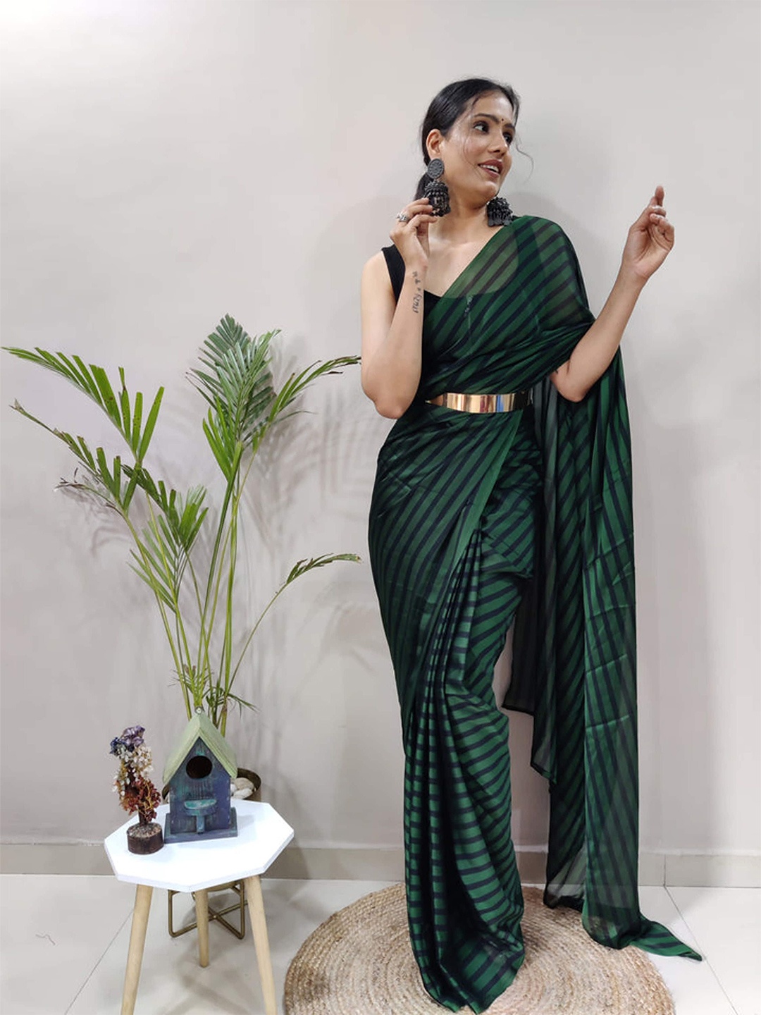 

Mitera Striped Satin Ready to Wear Saree, Green