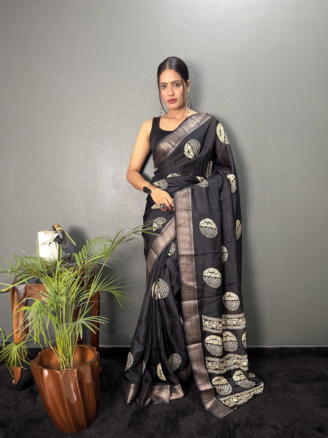 

Mitera Ethnic Motifs Woven Design Zari Pure Silk Ready to Wear Saree, Black