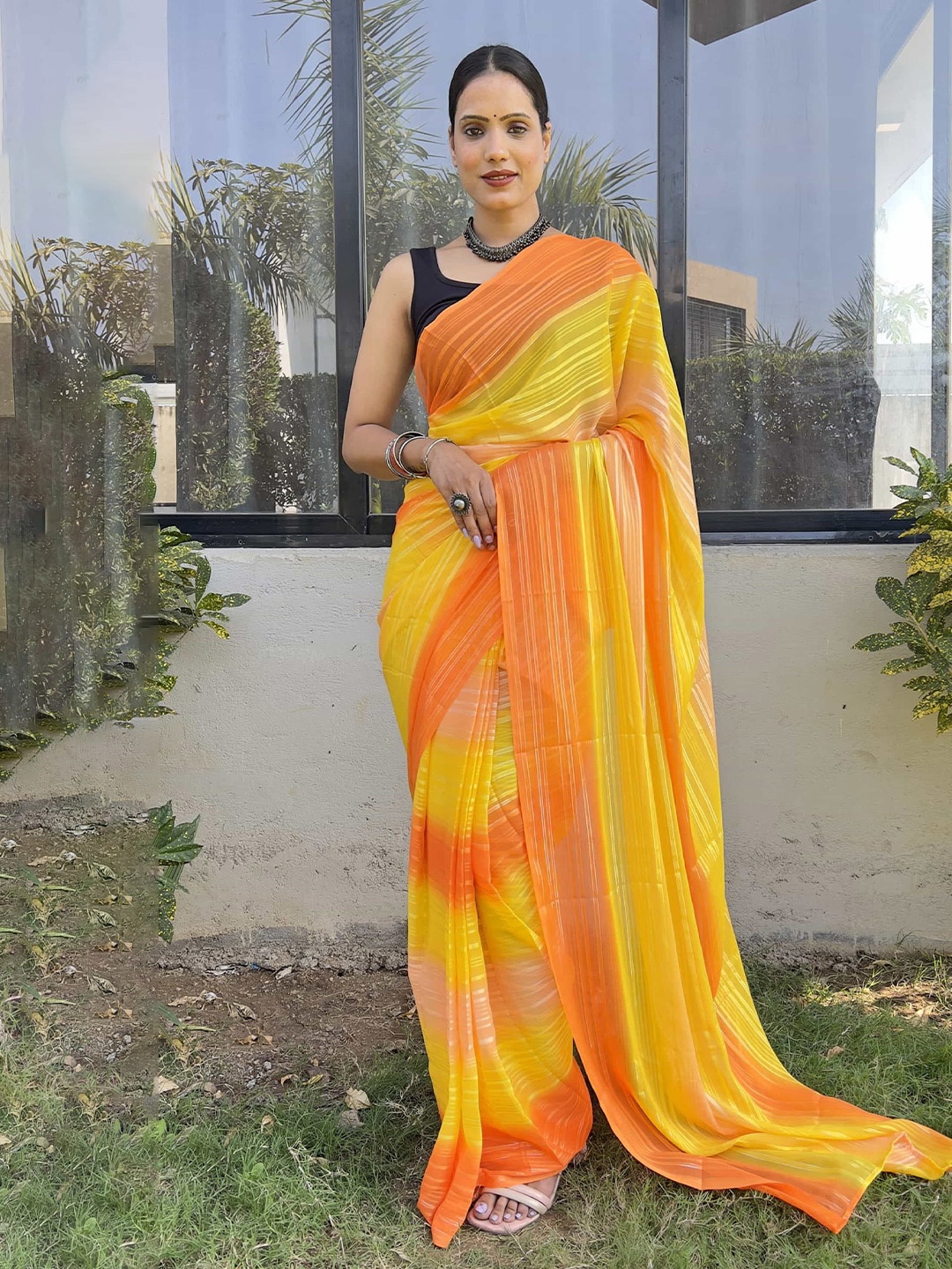 

Mitera Leheriya Pure Chiffon Ready to Wear Leheriya Saree, Yellow