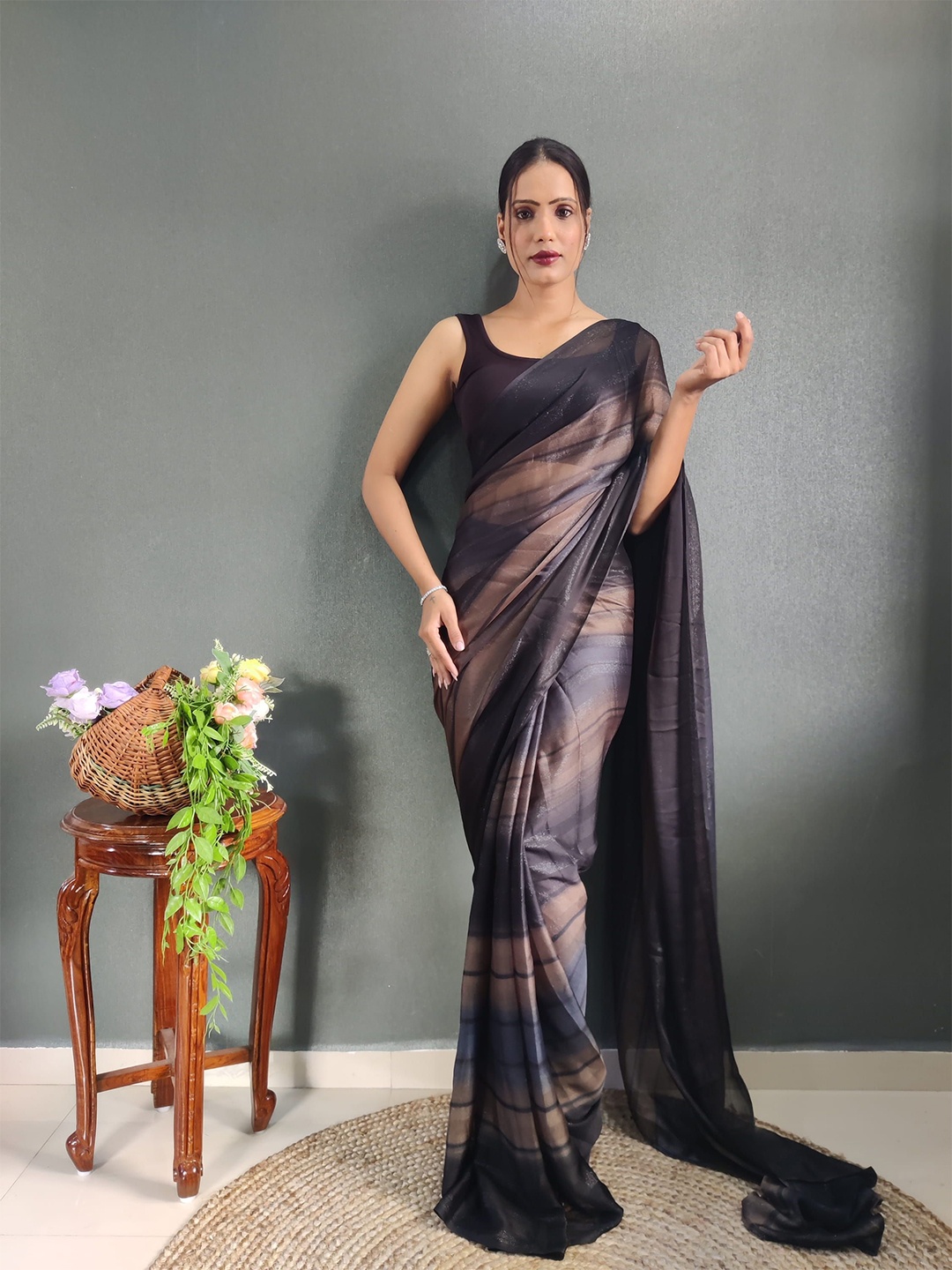 

Mitera Striped Zari Pure Crepe Ready to Wear Saree, Brown