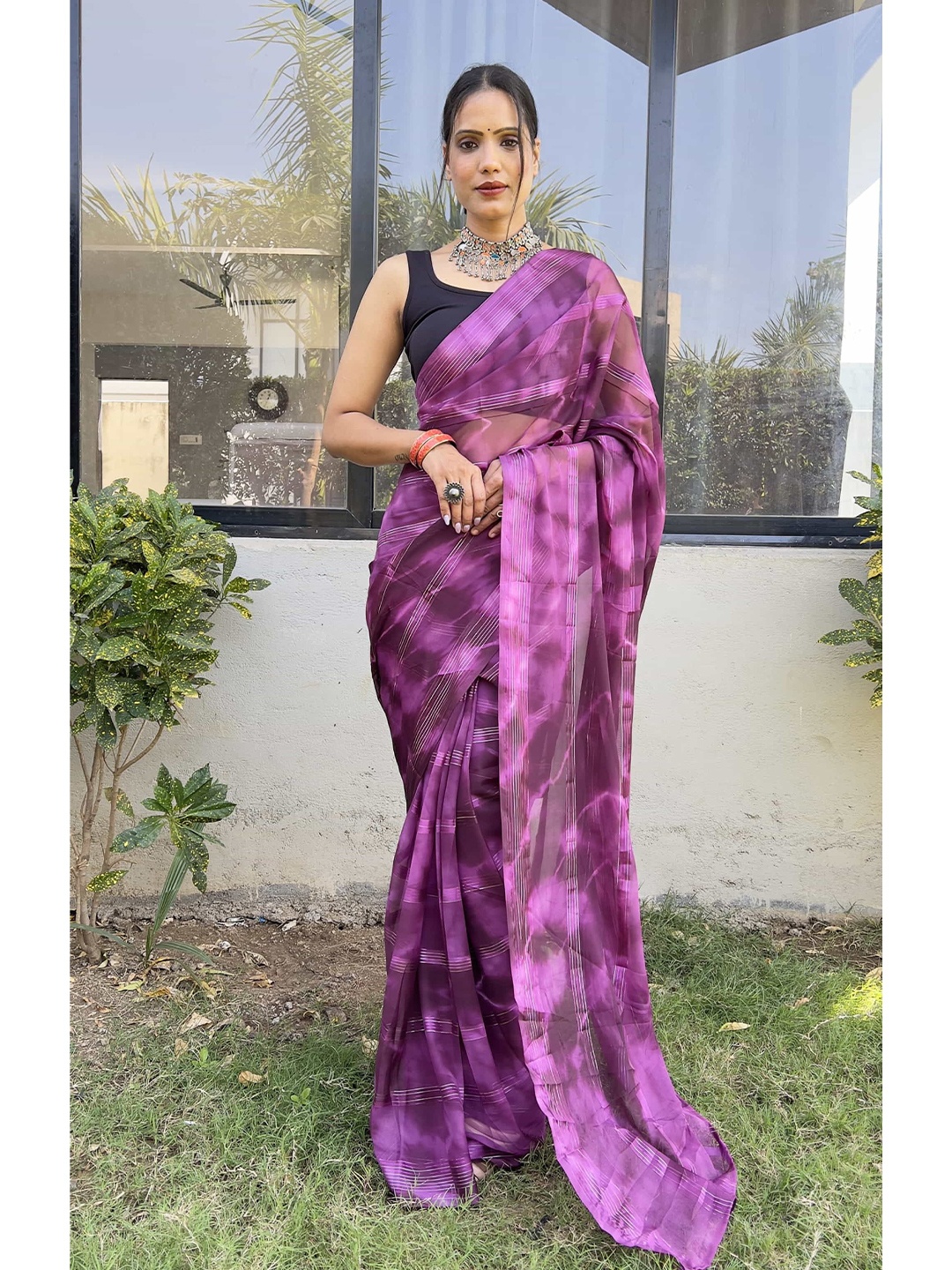

Mitera Tie and Dye Pure Georgette Ready to Wear Saree, Purple