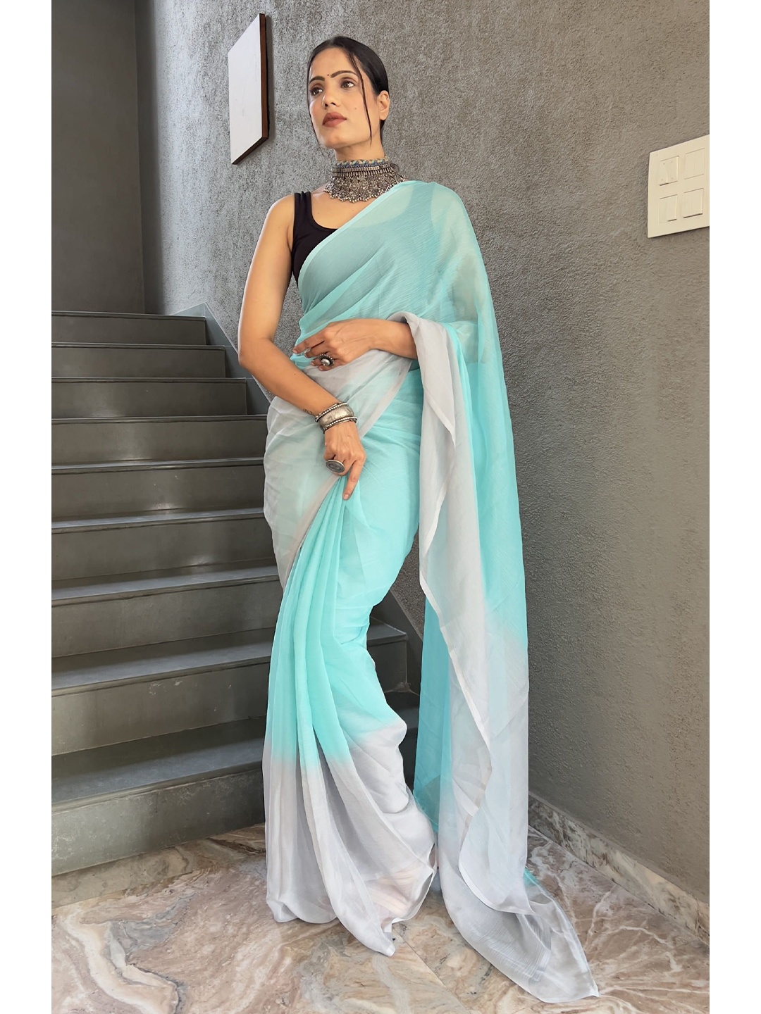 

Mitera Ombre Pure Chiffon Ready to Wear Saree, Blue