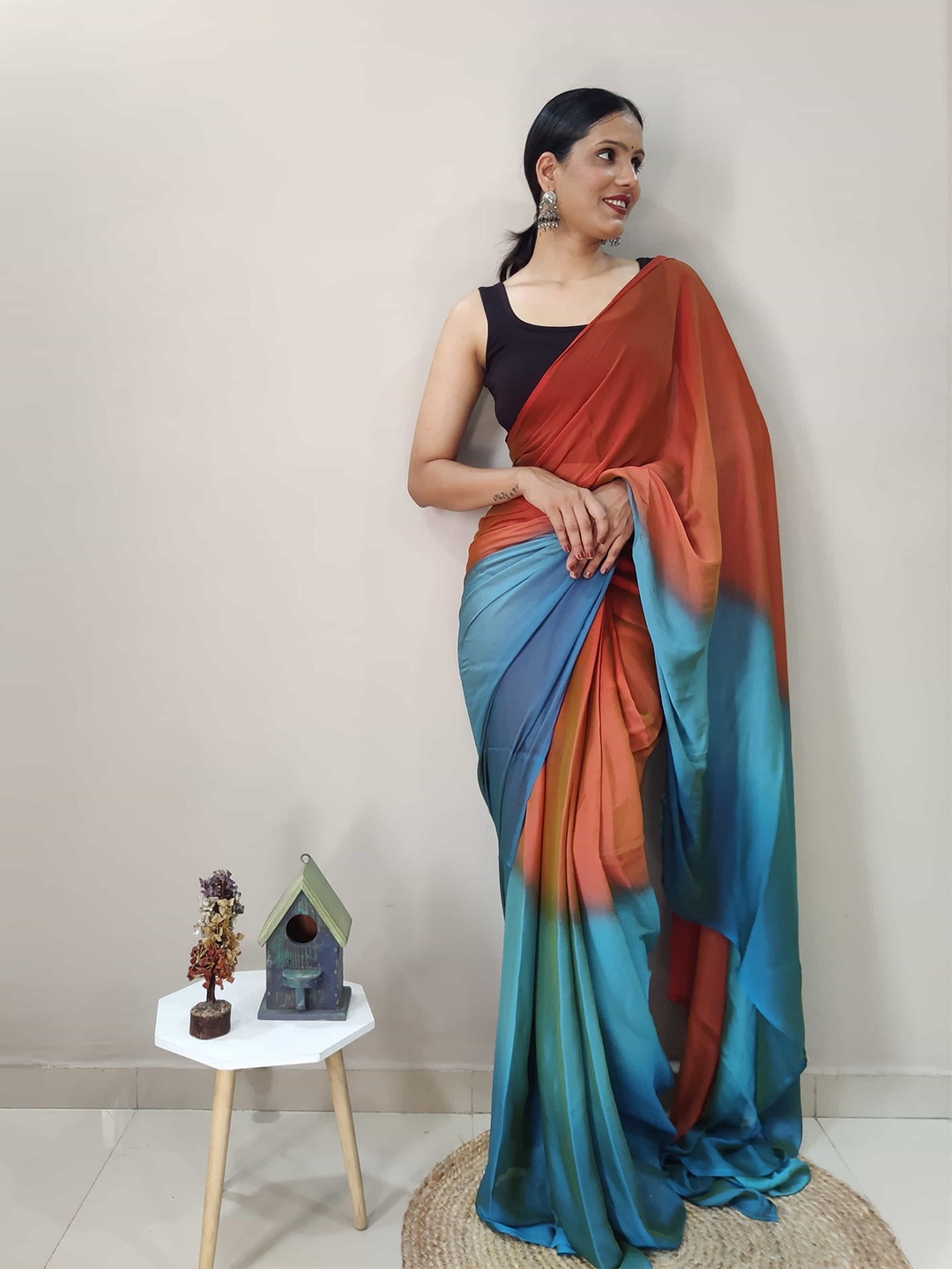 

Mitera Ombre Satin Ready to Wear Saree, Red