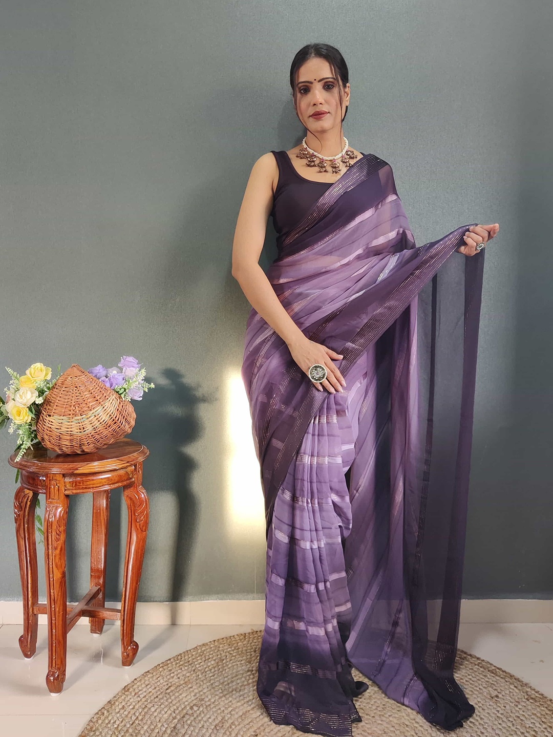 

Mitera Striped Zari Pure Chiffon Ready to Wear Saree, Purple