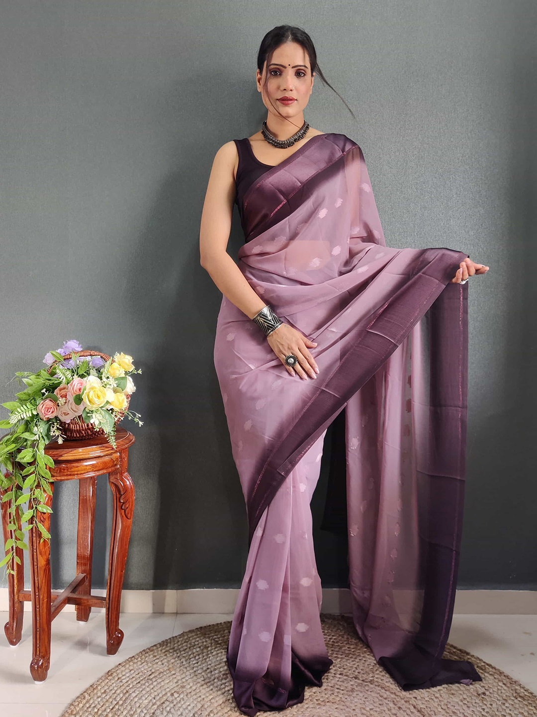 

Mitera Ethnic Motifs Woven Design Satin Ready to Wear Saree, Purple