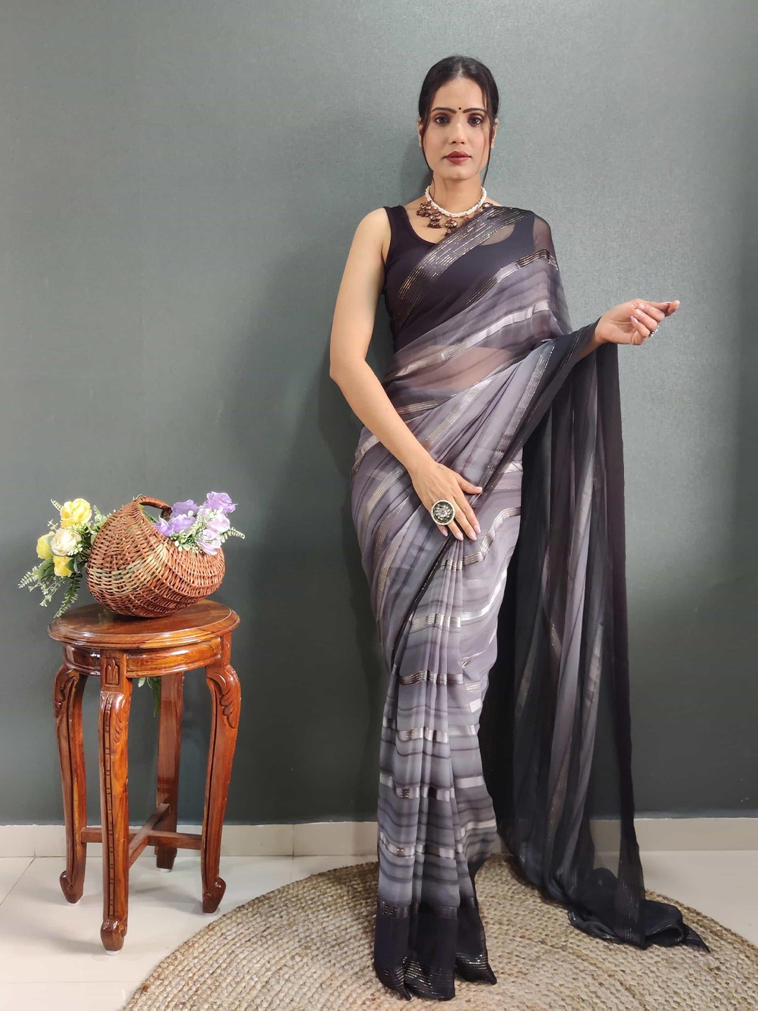 

Mitera Striped Zari Pure Chiffon Ready to Wear Saree, Grey