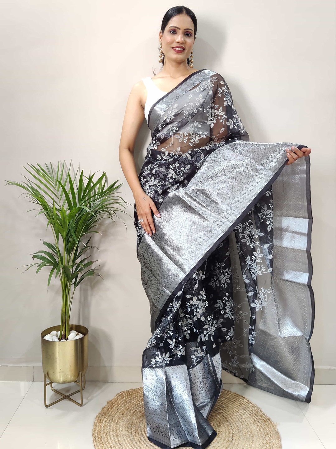 

Mitera Floral Woven Design Zari Organza Ready to Wear Saree, Black