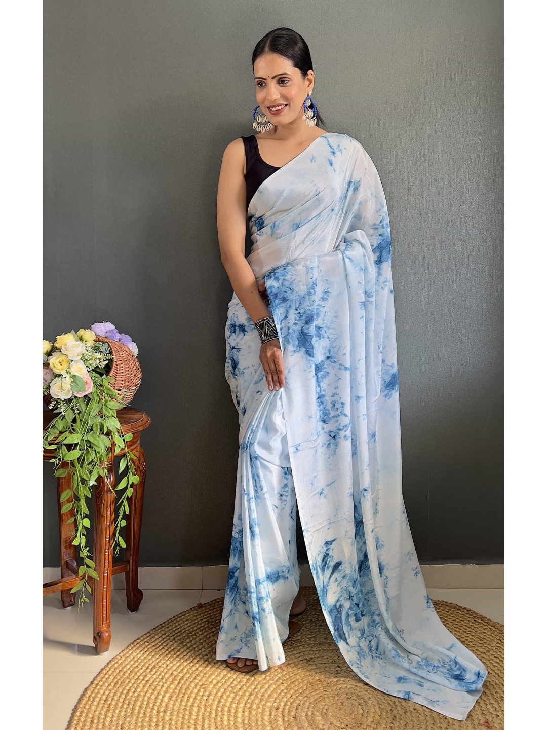 

Mitera Tie and Dye Pure Chiffon Ready to Wear Holi Saree, Blue