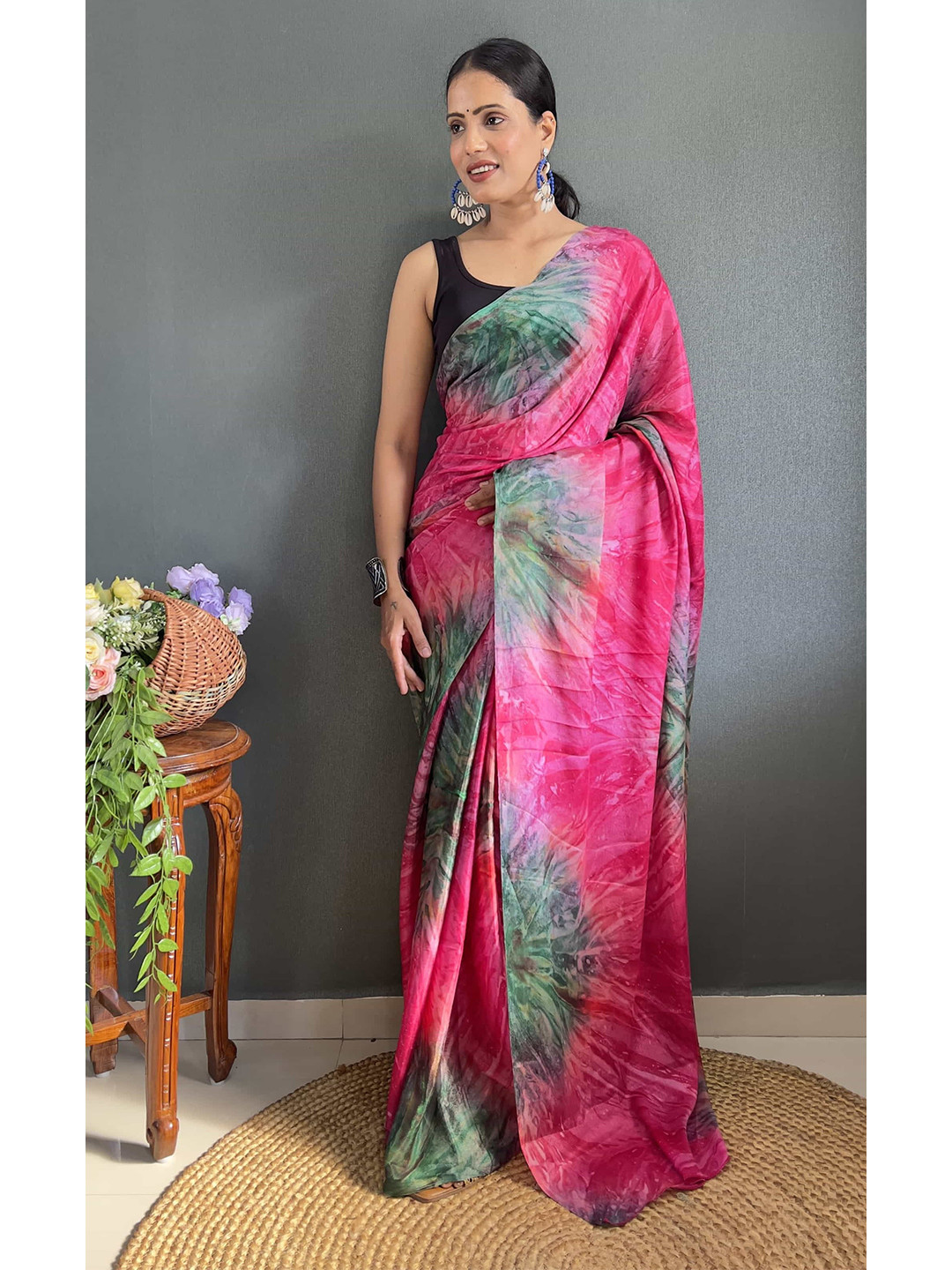 

Mitera Tie and Dye Pure Chiffon Ready to Wear Saree, Pink