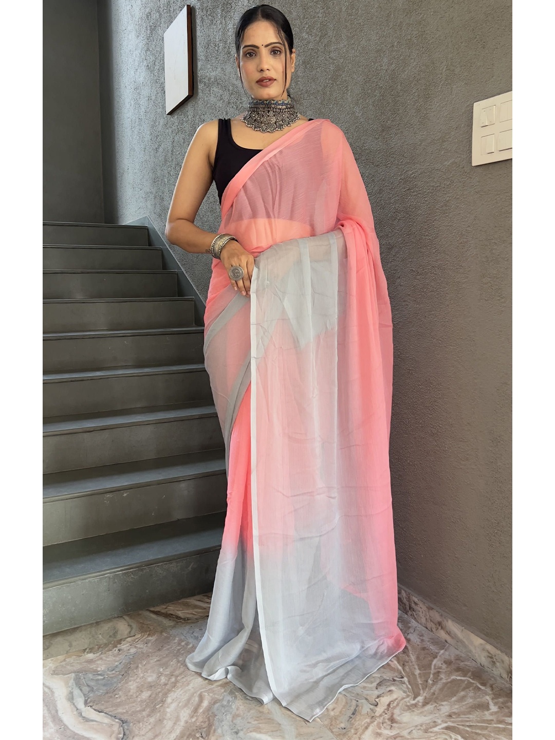 

Mitera Ombre Pure Chiffon Ready to Wear Saree, Pink