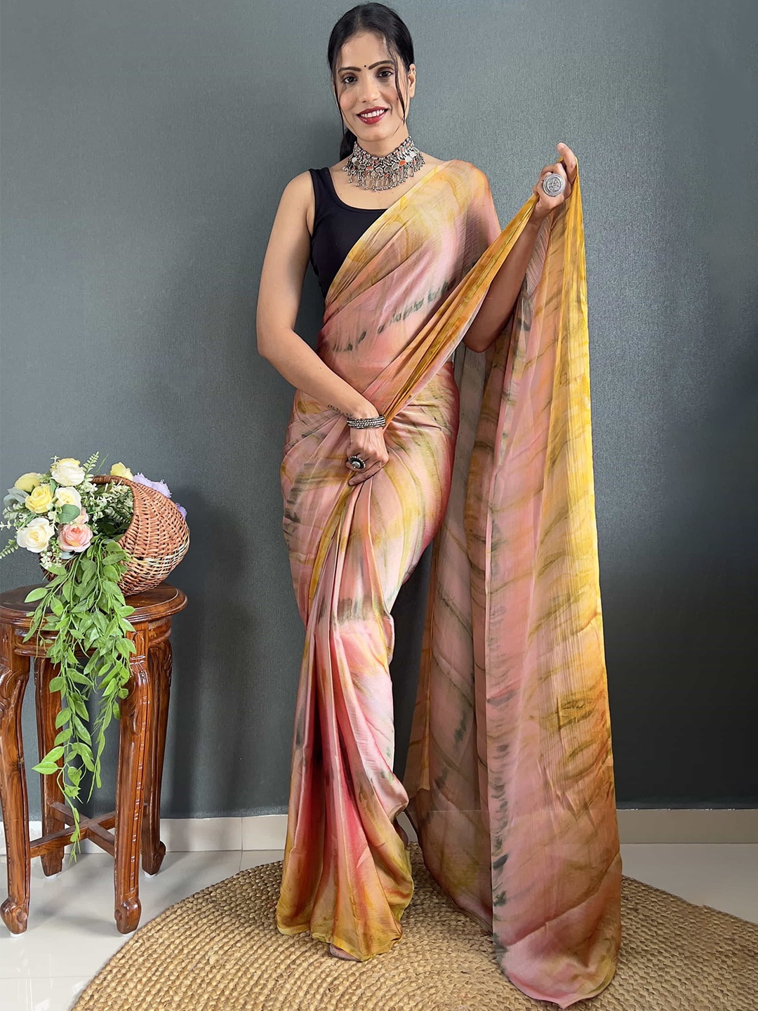 

Mitera Tie and Dye Pure Chiffon Ready to Wear Saree, Brown