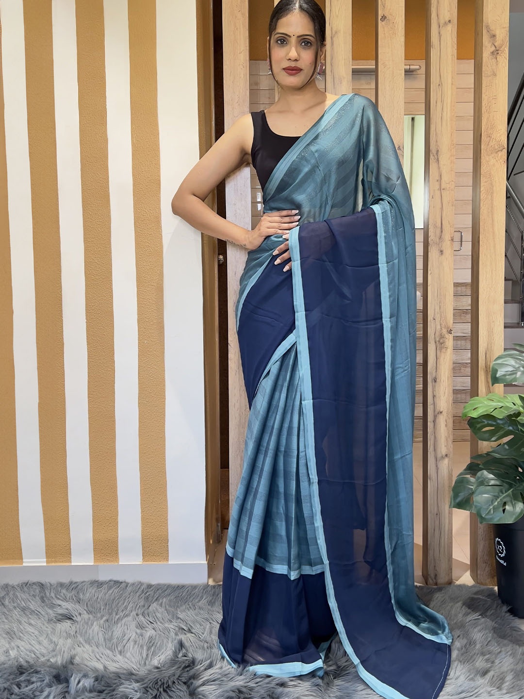 

Mitera Striped Pure Chiffon Ready to Wear Saree, Blue