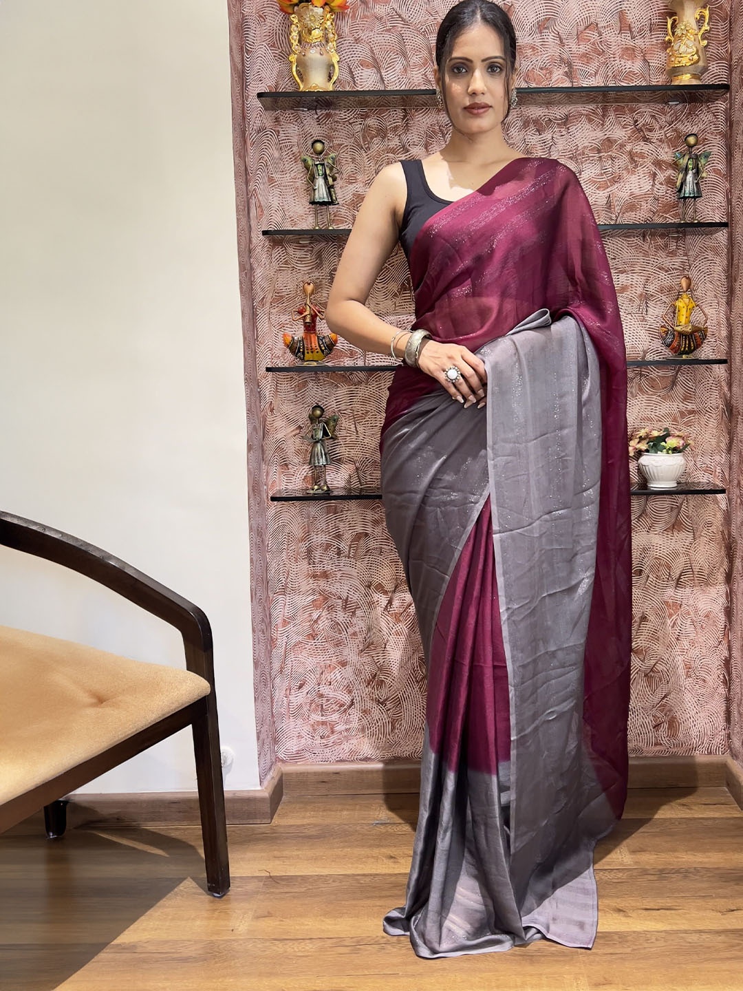 

Mitera Ombre Pure Chiffon Ready to Wear Jamdani Saree, Purple