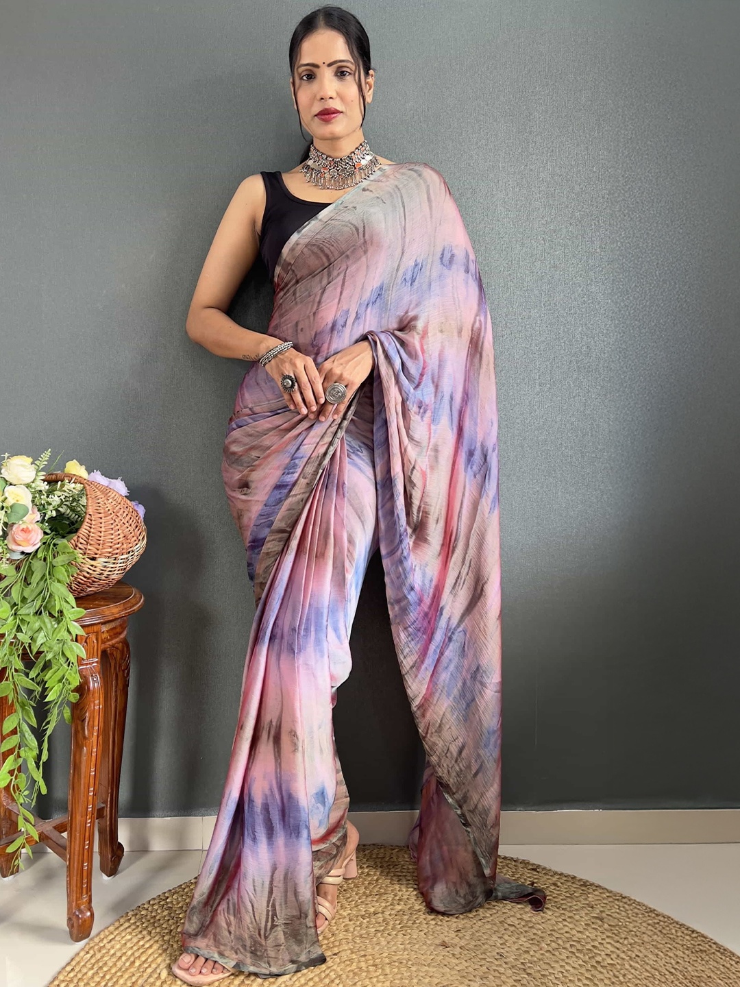

Mitera Tie and Dye Pure Chiffon Ready to Wear Saree, Peach