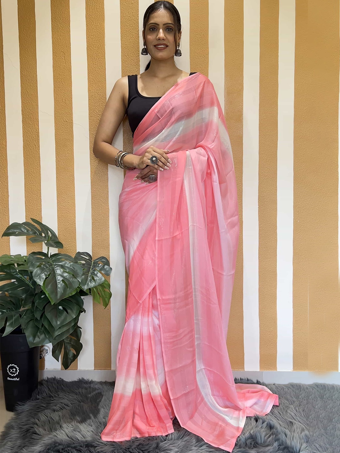 

Mitera Tie and Dye Pure Chiffon Ready to Wear Saree, Pink