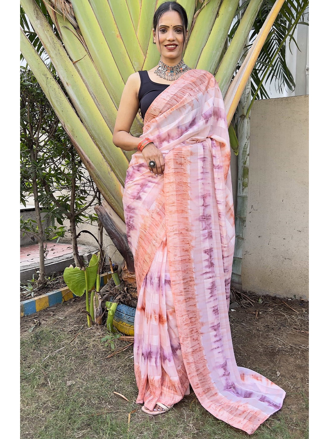 

Mitera Tie and Dye Pure Chiffon Ready to Wear Saree, Peach